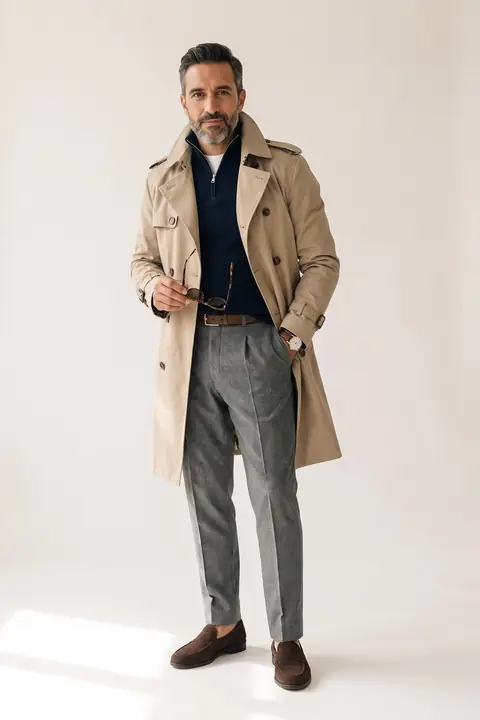 AI-generated photo of the Grey + navy + beige look