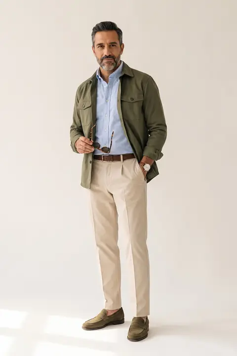 AI-generated photo of the Beige + light blue + olive green look