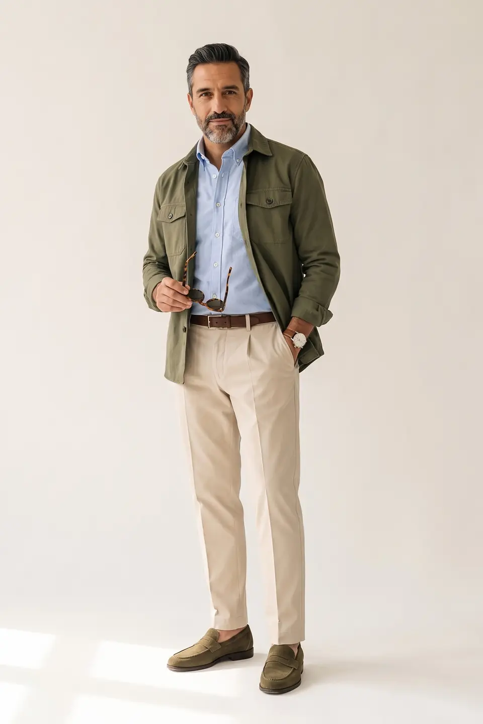 AI-generated photo of the Beige + light blue + olive green look